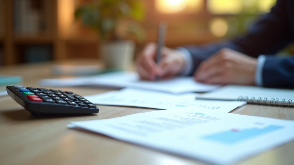 Profesionální foto detailu finančních dokumentů s kalkulačkou na hnědém stole