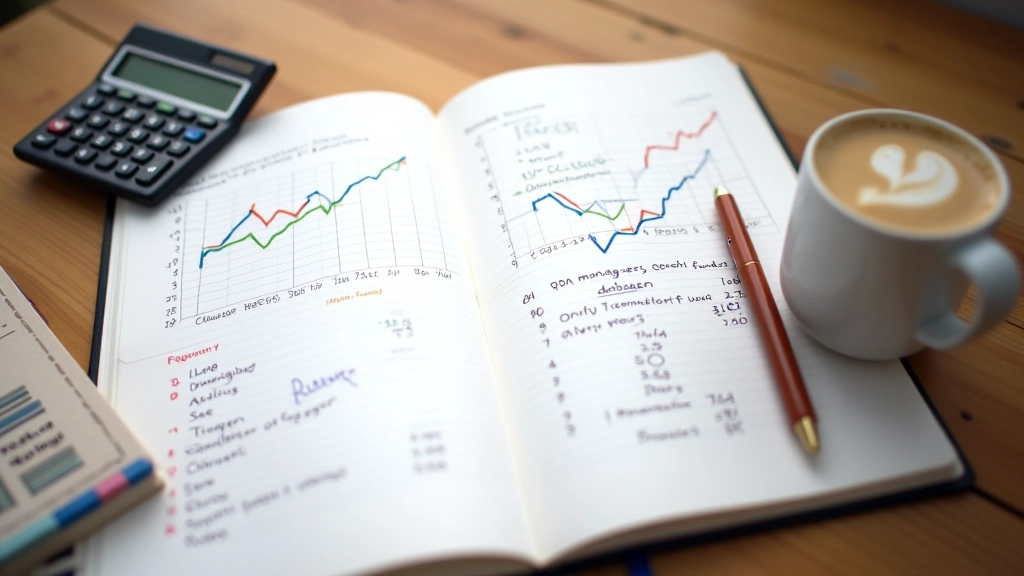 Rukopis v notebooku s grafy, pero a kalkulačka na stole