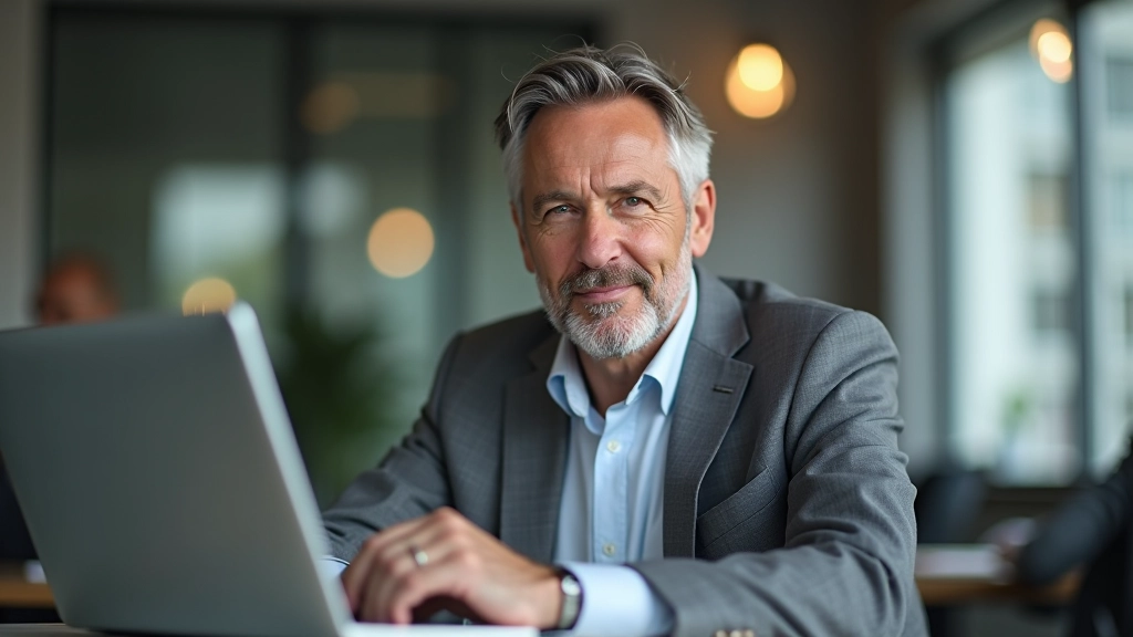 Muž v kancelářském oblečení s notebookem pracující na analýze dat